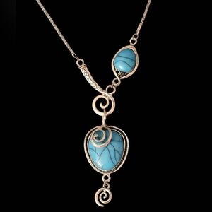 Bohemian Vintage Ethnic Turquoise Stones Silver Swirl Long Pendant Necklace 20